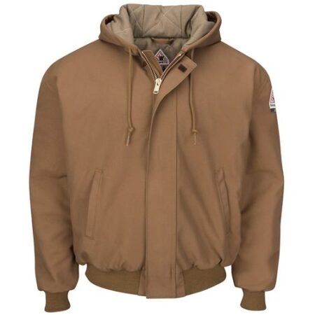 Men's Insulated Brown Duck Hooded Jacket with Knit Trim